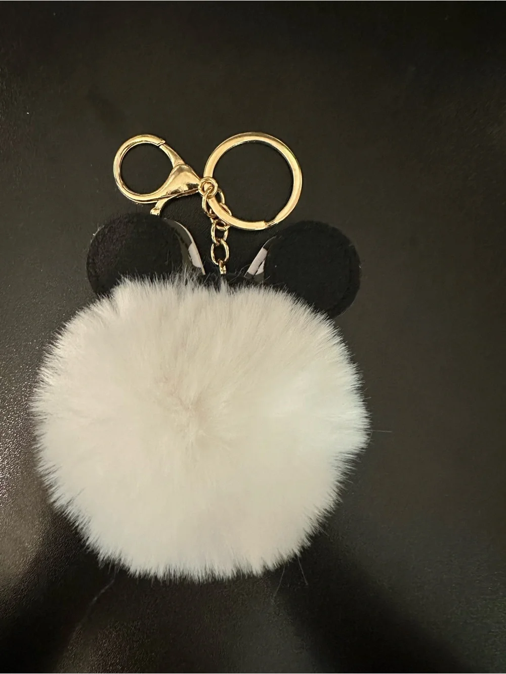 White Faux Fur Pom Pom Keychain/bag charm with Black Ear Accents